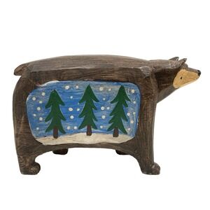Vintage Hand Painted Wood Brown Carving Bear Folk Art Pine Trees Christmas 6"